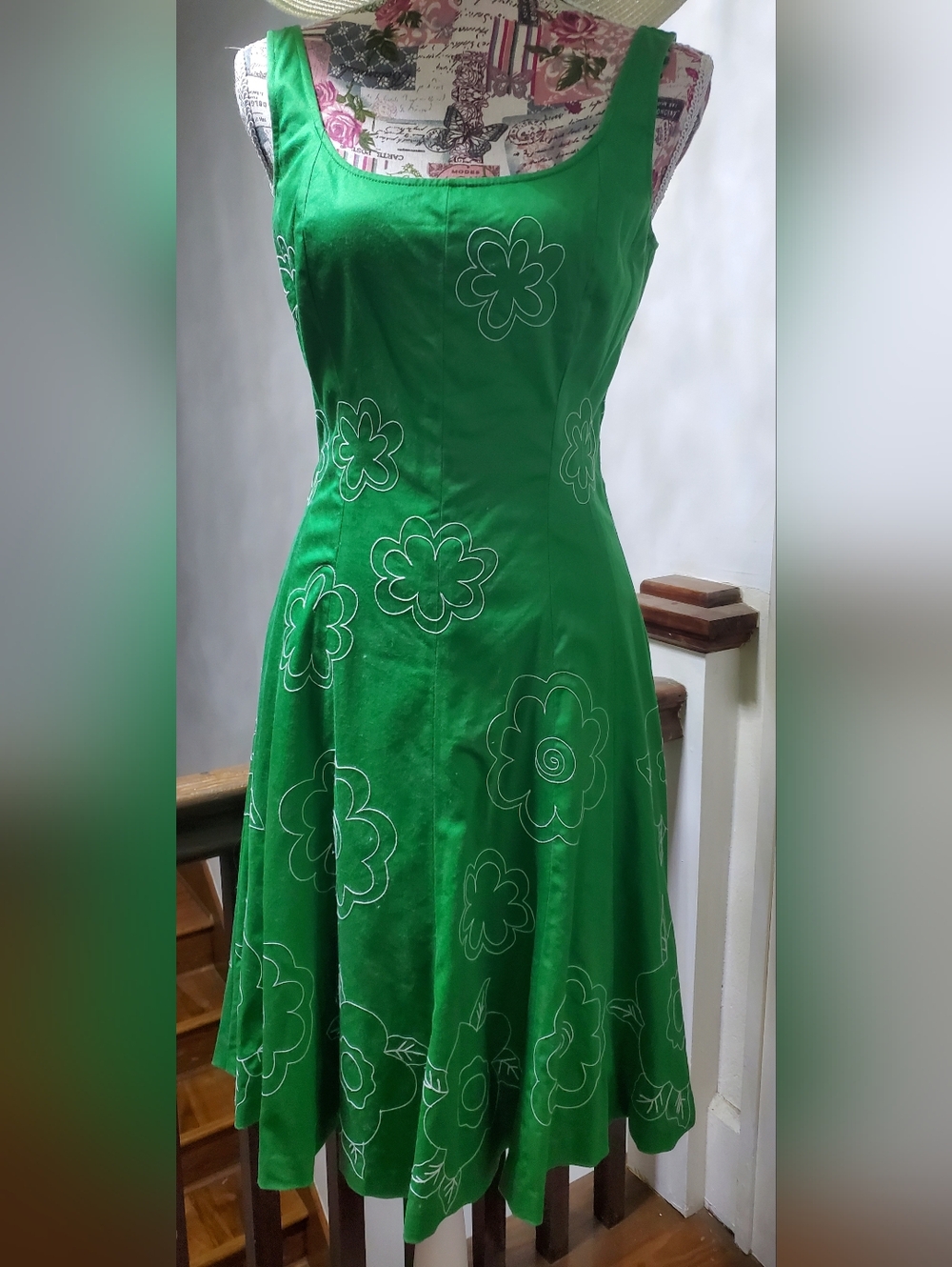 Nine West Bright Green Cotton Floral Dress for Summer